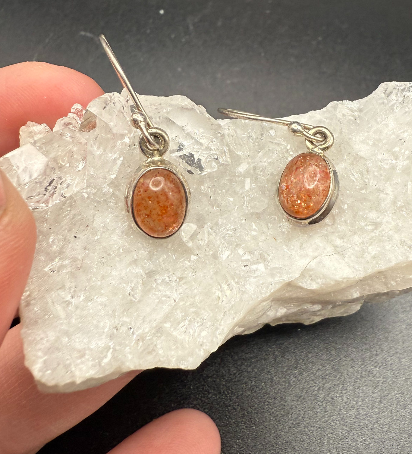 Dainty Sunstone Oval Dangle Hook Earrings