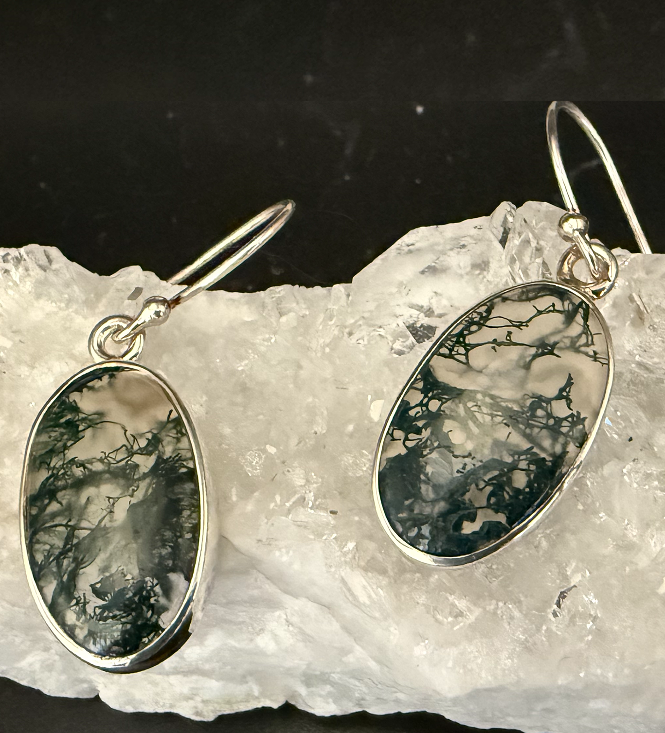 Moss Agate Sterling Silver Oval Dangle Hook Earrings