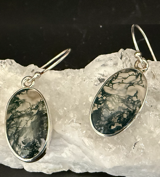 Moss Agate Sterling Silver Oval Dangle Hook Earrings