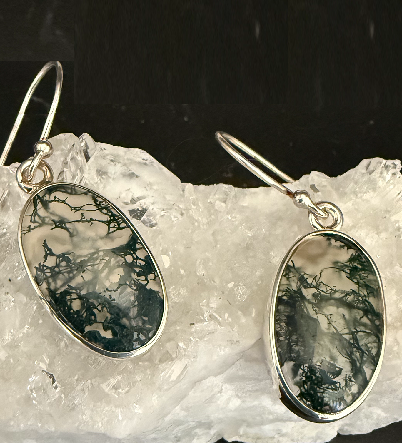 Moss Agate Sterling Silver Oval Dangle Hook Earrings